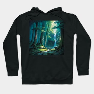 Little Green and Blue Forest Scene with a Waterfall Hoodie